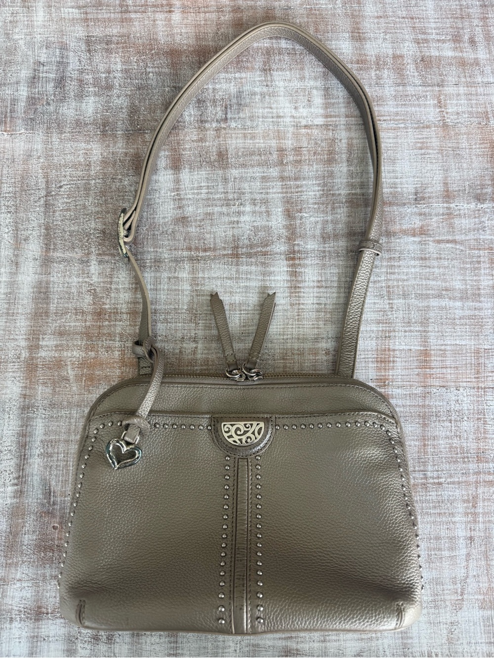 Brighton Taupe Leather Crossbody Organizer with Heart Charm